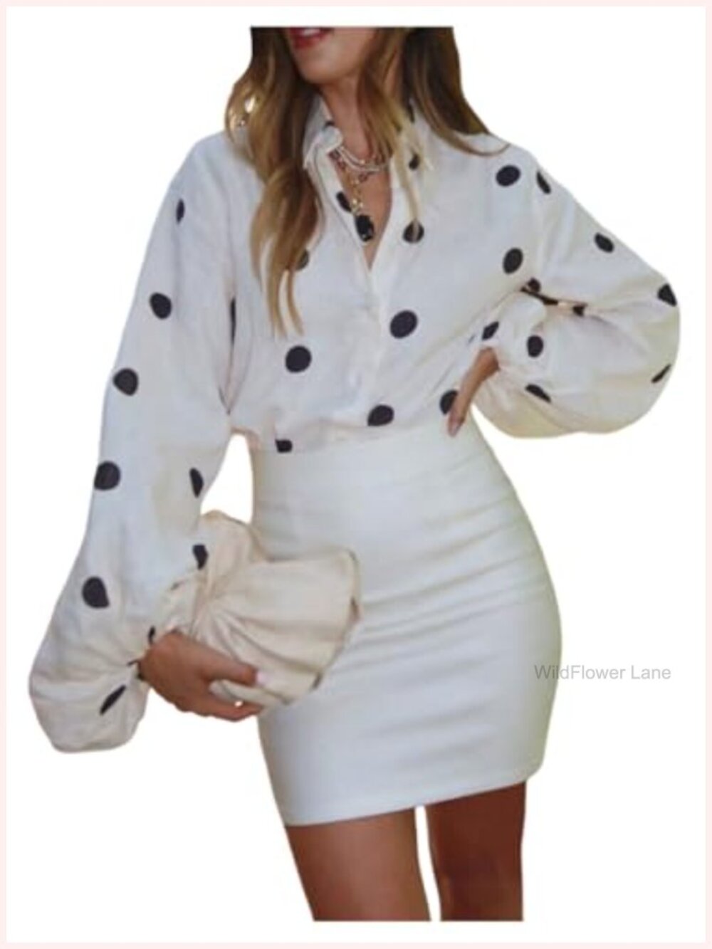 Polka Dots Blouse Lantern Sleeve Button Down Collared Dressy Work Shirt